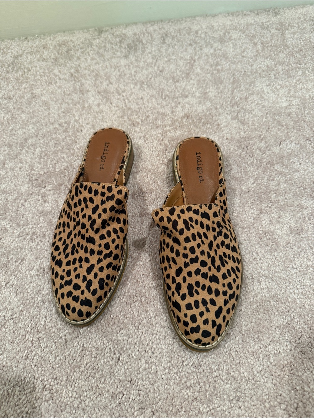 Indigo Leopard Print Backless Mules in Tan and Black